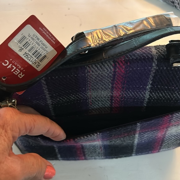 Relic purple multi plaid fabric/faux leather satchel/shoulder bag, silver accent - Picture 4 of 9